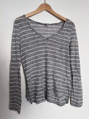 Joie Grey and White Striped Linen Long Sleeve Medium